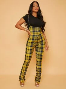 SHEIN SXY 格紋印花肩部打結背帶連體褲不帶T恤 - 彩色 - 查看 1