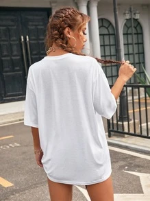 SHEIN EZwear Letter & Cartoon Graphic Drop Shoulder Tee - White - View 2