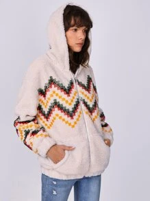 SHEIN Unity Capucha teddy con patrón de cheurón de hombros caídos con cremallera - Multicolor - Ver 1