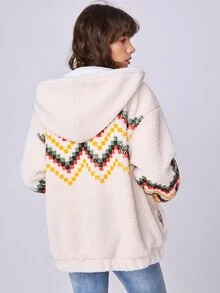 SHEIN Unity Capucha teddy con patrón de cheurón de hombros caídos con cremallera - Multicolor - Ver 2