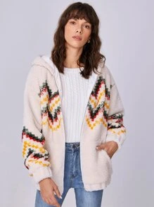 SHEIN Unity Capucha teddy con patrón de cheurón de hombros caídos con cremallera - Multicolor - Ver 3