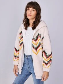 SHEIN Unity Capucha teddy con patrón de cheurón de hombros caídos con cremallera - Multicolor - Ver 4