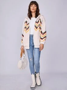 SHEIN Unity Capucha teddy con patrón de cheurón de hombros caídos con cremallera - Multicolor - Ver 5