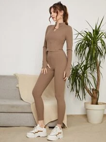 Seusyu Zipper Half Placket Tee And Leggings Set - Mocha Brown - View 5