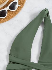 Asymmetrical Neck High Leg One Piece Swimsuit With Summer Beach Vacation Skirt - Army Green - View 4