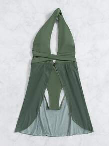 Asymmetrical Neck High Leg One Piece Swimsuit With Summer Beach Vacation Skirt - Army Green - View 6