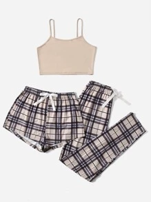3 件套格子结前吊带睡衣套装/睡衣套装