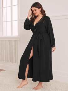 Plus Contrast Lace Belted Robe Without Lingerie, For Fall, Winter