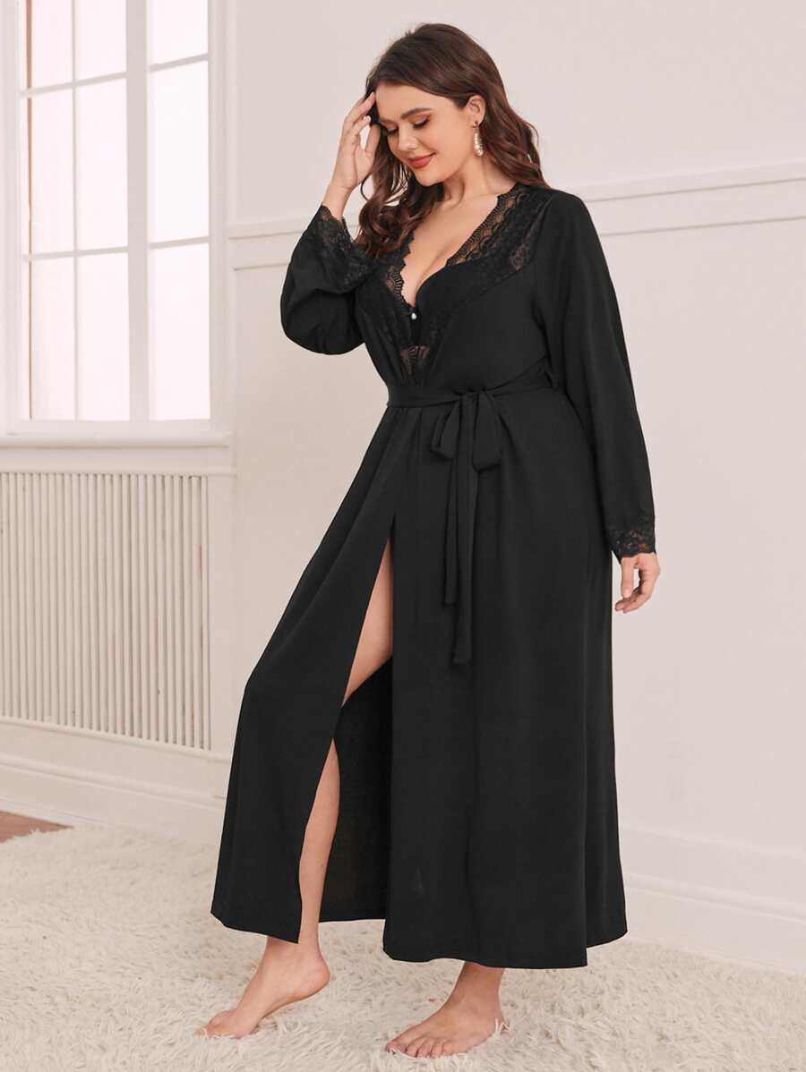 Plus Contrast Lace Belted Robe Without Lingerie, For Fall, Winter