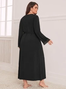 Plus Contrast Lace Belted Robe Without Lingerie, For Fall, Winter