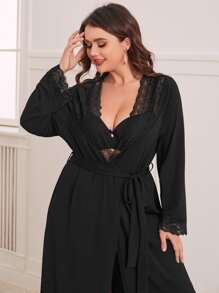 Plus Contrast Lace Belted Robe Without Lingerie, For Fall, Winter