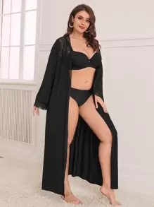 Plus Contrast Lace Belted Robe Without Lingerie, For Fall, Winter