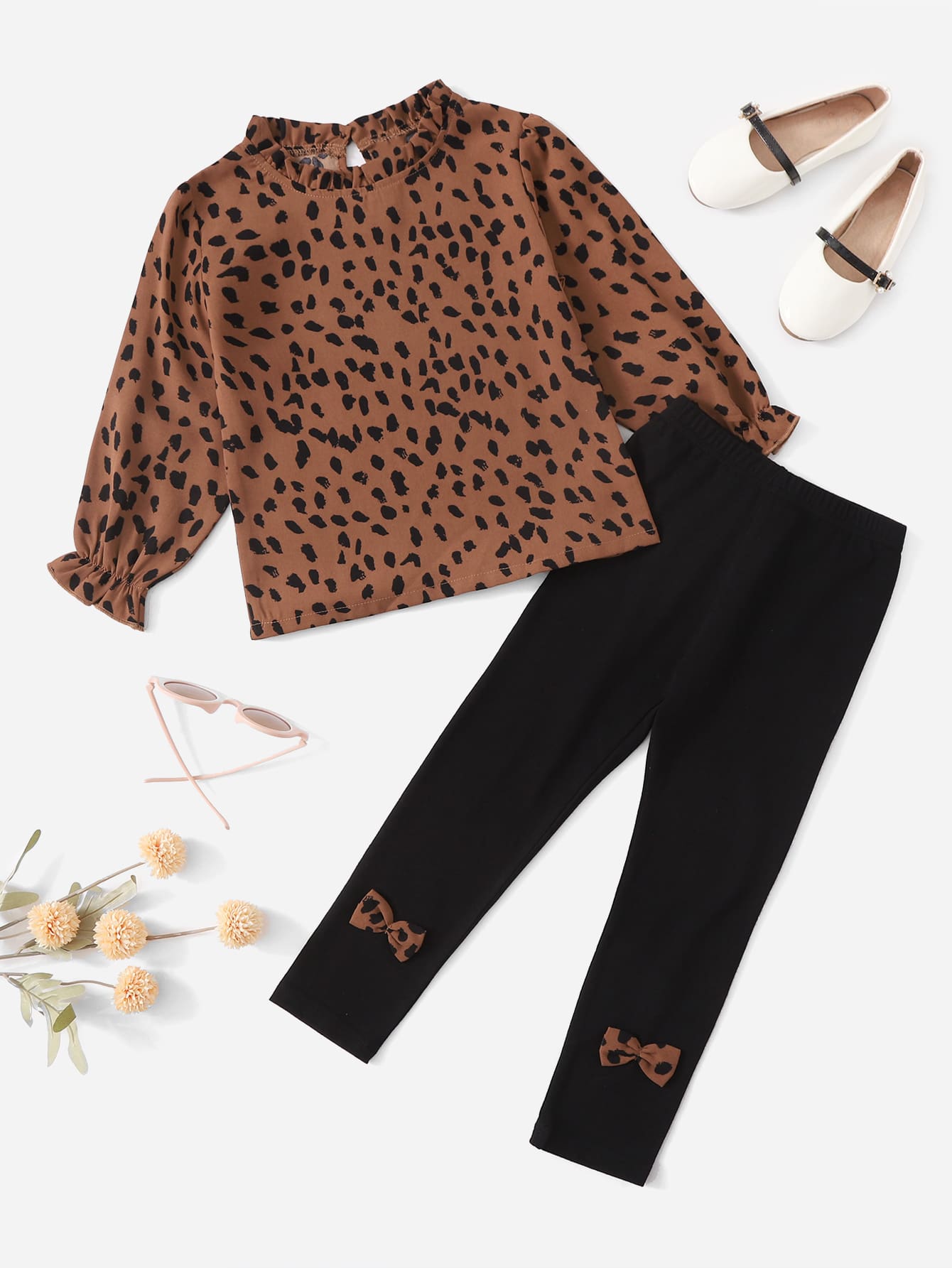 Toddler Girls Allover Print Flounce Sleeve Top & Bow Front Leggings - Multicolor - View 1