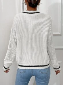 EURMUSE Striped Trim Drop Shoulder Jumper - White - View 2