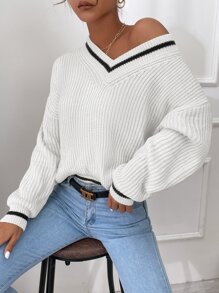 SHEIN Frenchy Striped Trim Drop Shoulder Cricket Jumper - White - View 3