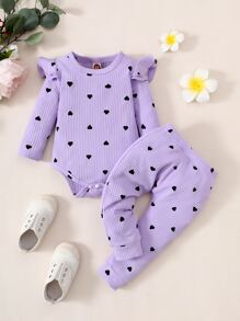 Baby Heart Print Ruffle Trim Bodysuit & Joggers - Lilac Purple - View 1