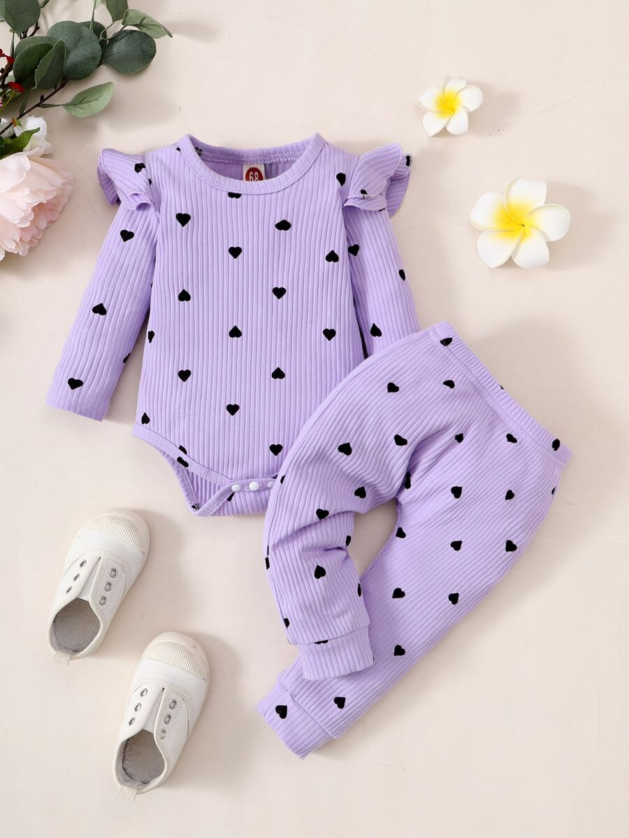 Baby Heart Print Ruffle Trim Bodysuit & Joggers - Lilac Purple - View 1