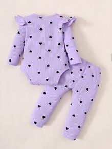 Baby Heart Print Ruffle Trim Bodysuit & Joggers - Lilac Purple - View 2