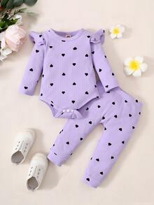 Baby Heart Print Ruffle Trim Bodysuit & Joggers - Lilac Purple - View 3
