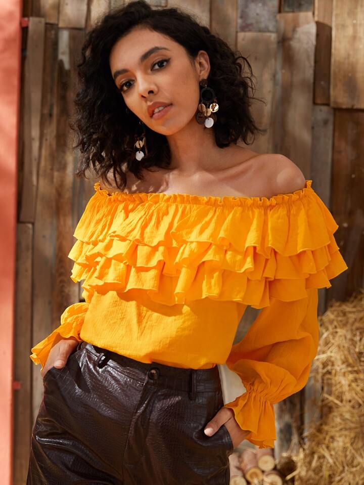 SHEIN Layered Ruffle Off Shoulder Flounce Sleeve Top SHEIN IN