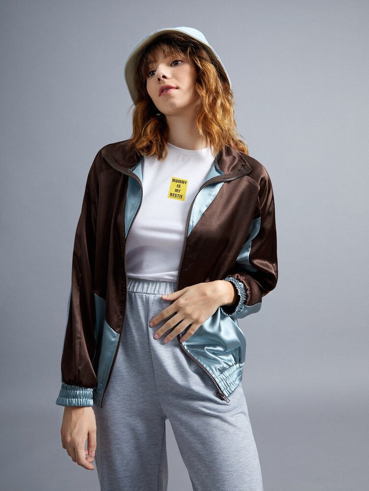 Muchica Colorblock Zip Up Raglan Sleeve Satin Jacket - Multicolor - View 5