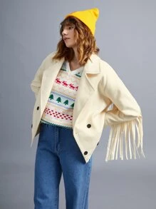 SHEIN EZwear Áo khoác ngoài nữ Nút đôi mép màu trơn Giải trí - Màu be - Xem 1