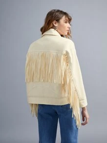 SHEIN EZwear Áo khoác ngoài nữ Nút đôi mép màu trơn Giải trí - Màu be - Xem 2