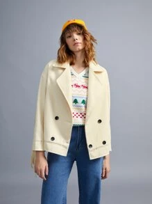 SHEIN EZwear Áo khoác ngoài nữ Nút đôi mép màu trơn Giải trí - Màu be - Xem 3