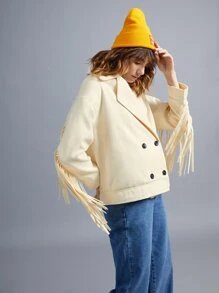 SHEIN EZwear Áo khoác ngoài nữ Nút đôi mép màu trơn Giải trí - Màu be - Xem 4