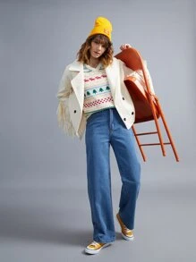 SHEIN EZwear Áo khoác ngoài nữ Nút đôi mép màu trơn Giải trí - Màu be - Xem 5