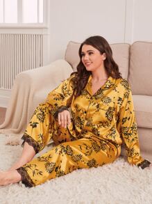 Plus Plant Print Contrast Lace Satin Blouse & Trousers PJ Set - Yellow - View 1
