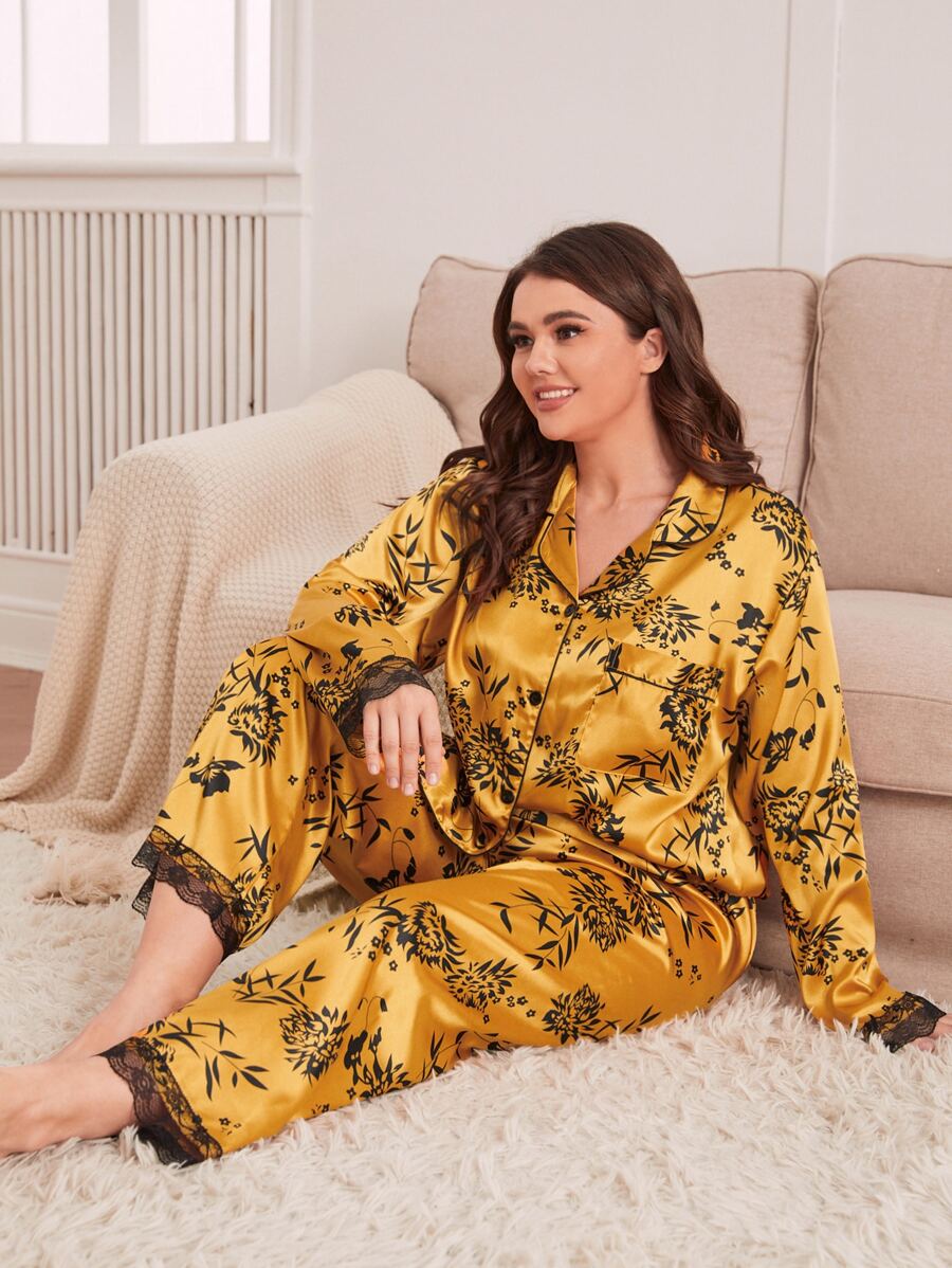 Plus Plant Print Contrast Lace Satin Blouse & Trousers PJ Set - Yellow - View 1