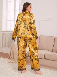 Plus Plant Print Contrast Lace Satin Blouse & Trousers PJ Set - Yellow - View 2