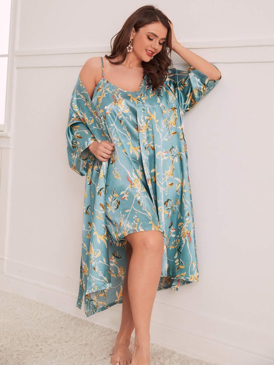 con estampado floral con cinturón de satén Bata & Vestido de tirantes Conjunto de pijama - Azul Cadete - Ver 1