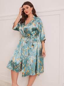 con estampado floral con cinturón de satén Bata & Vestido de tirantes Conjunto de pijama - Azul Cadete - Ver 3