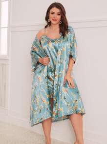 con estampado floral con cinturón de satén Bata & Vestido de tirantes Conjunto de pijama - Azul Cadete - Ver 4