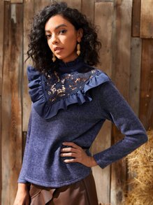 SHEIN VCAY כפתור שרוך ניגוד קפל פשוט אלגנטי חולצת טי - כחול - ראה 4