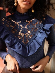 SHEIN VCAY כפתור שרוך ניגוד קפל פשוט אלגנטי חולצת טי - כחול - ראה 5