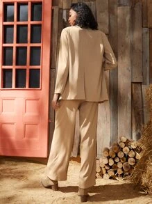 SHEIN Single Button Dual Pocket Blazer & Suit Trousers Set - Khaki - View 2