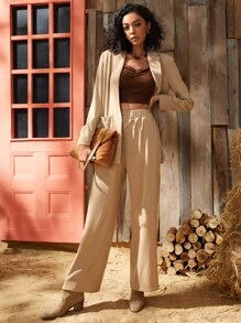 SHEIN Single Button Dual Pocket Blazer & Suit Trousers Set - Khaki - View 4