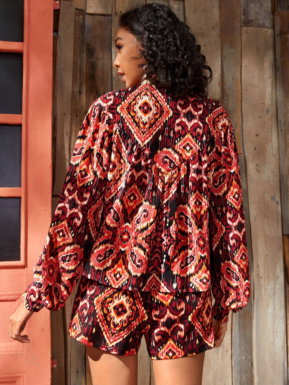 Buttoned Front Graphic Print Top & Shorts Set