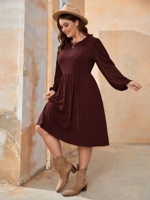 SHEIN Clasi 大碼隱藏口袋素色連衣裙 - 酒紅色 - 查看 1