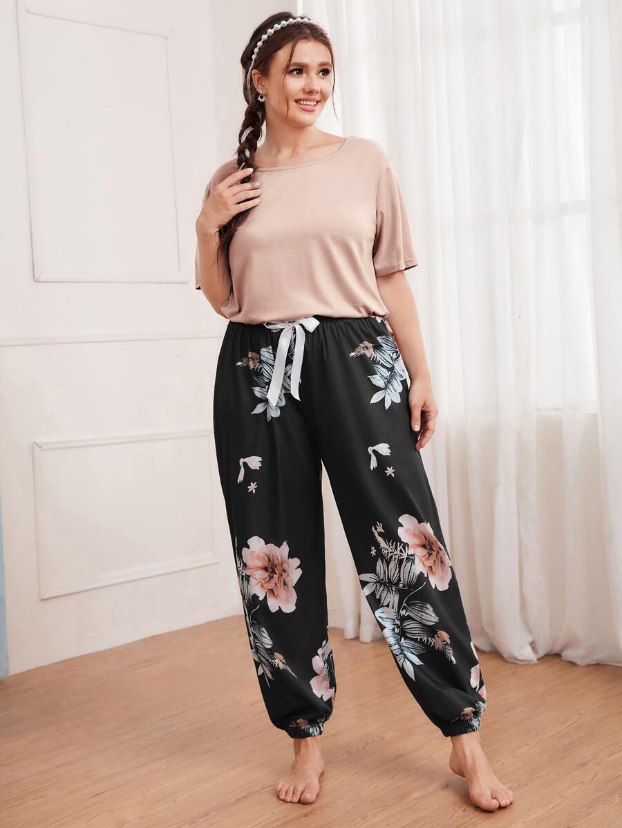 Plus Floral Print Bow Pyjama Set - Multicolor - View 1