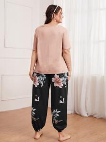 Plus Floral Print Bow Pyjama Set - Multicolor - View 2