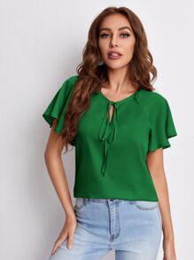 SHEIN Clasi Tie Neck Flounce Sleeve Top - Green - View 1