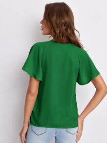 SHEIN Clasi Tie Neck Flounce Sleeve Top - Green - View 2
