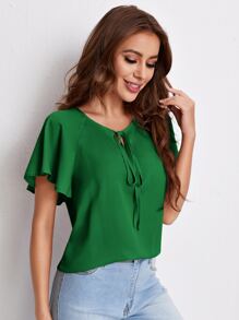 SHEIN Clasi Tie Neck Flounce Sleeve Top - Green - View 3