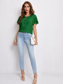 SHEIN Clasi Tie Neck Flounce Sleeve Top - Green - View 4