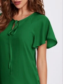 SHEIN Clasi Tie Neck Flounce Sleeve Top - Green - View 5