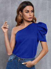 SHEIN Privé One Shoulder Puff Sleeve Blouse - Royal Blue - View 1